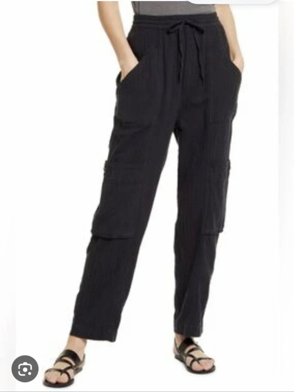 Free People Black Linen Cotton Drawstring Cargo Pants Size Medium